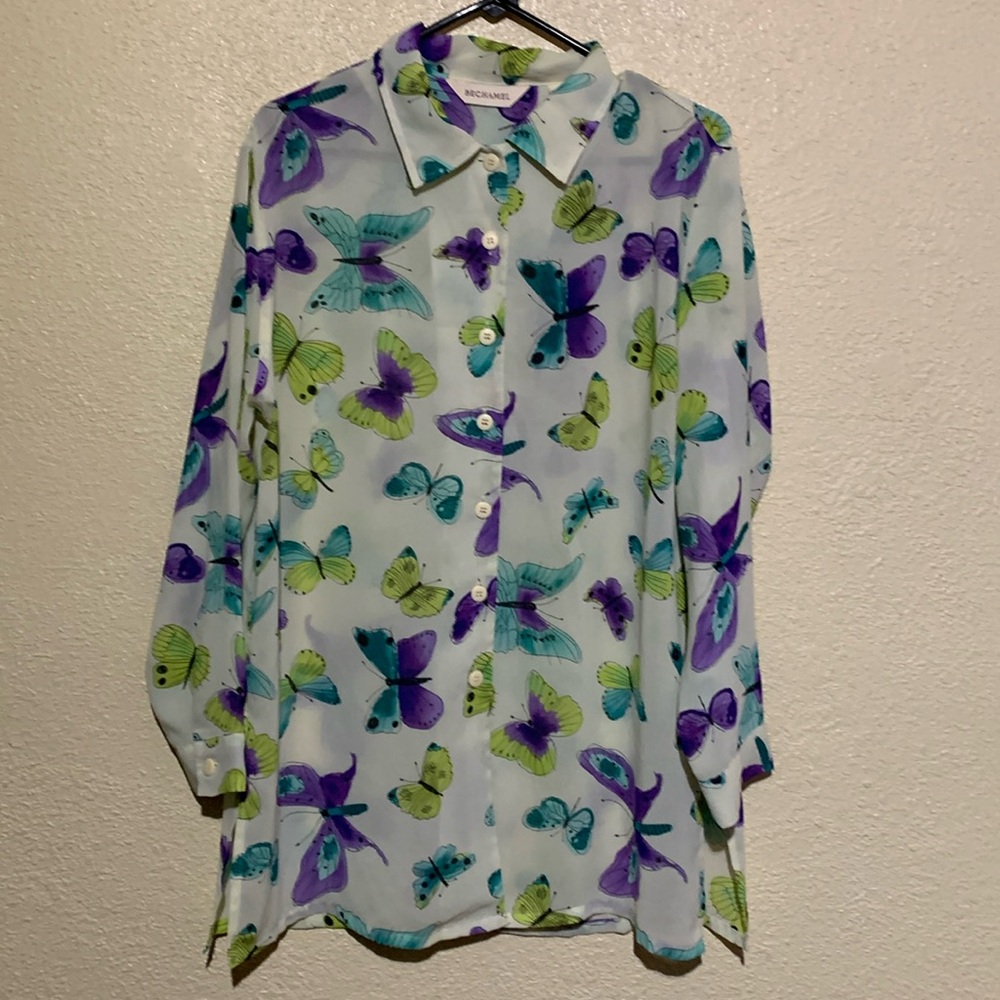 Bechamel Top Blouse L Cream Purple Long Sleeve Butterflies Buttons Polyester